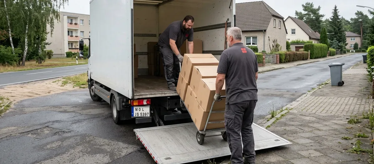 Umzugswagen vor einem Einfamilienhaus in der Gemeinde Hoppegarten, Kartons werden über die Ladebordwand gerollt