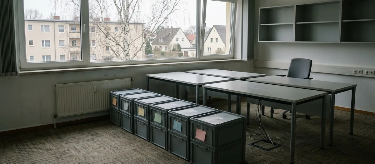 Nummerierte Transportbehälter stehen aufgereiht vor leeren Schreibtischen in einem ausgeräumten Büroraum
