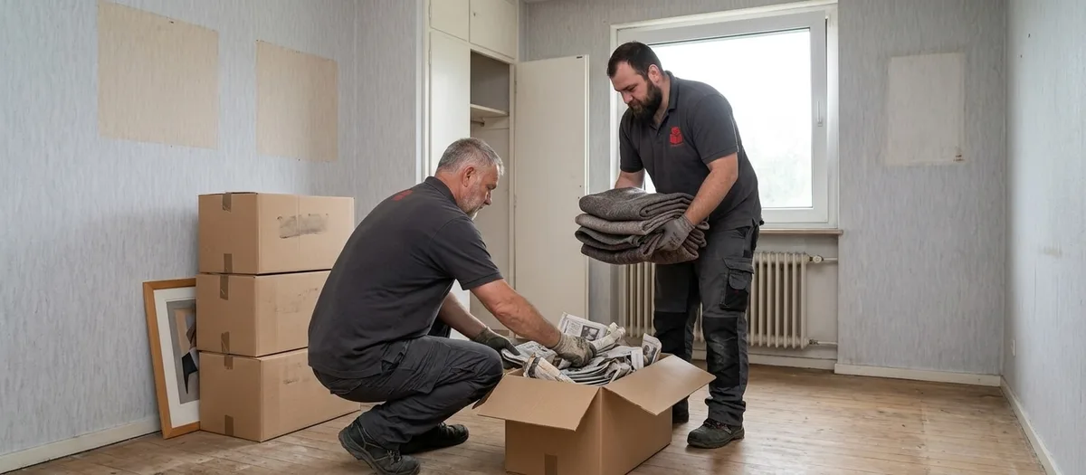 Zwei Kräfte sortieren Kartons und Hausrat in einem leergeräumten Zimmer, ein Stapel ist zum Aufheben zur Seite gestellt