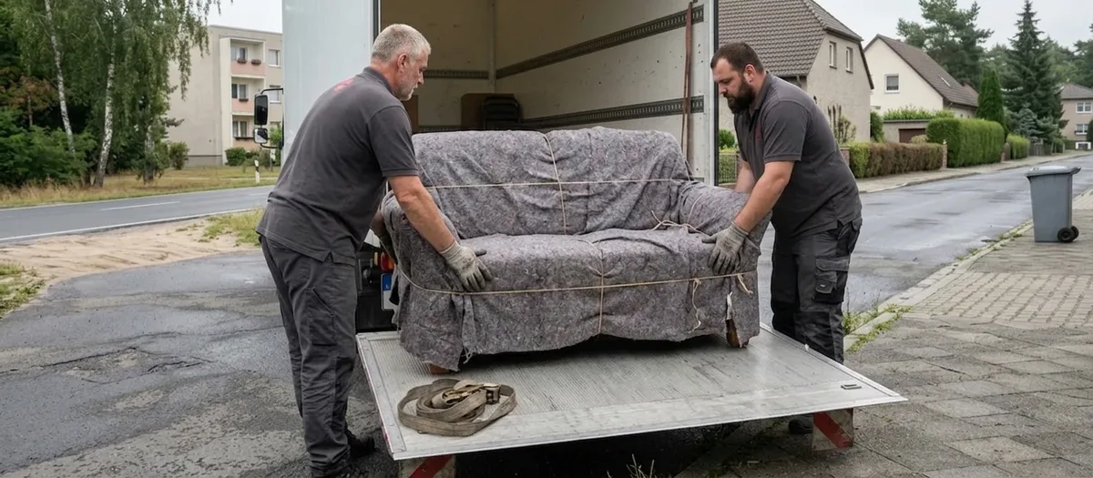 Ein in Decken eingeschlagenes Sofa wird von zwei Trägern über eine Ladeklappe in einen Transporter geschoben