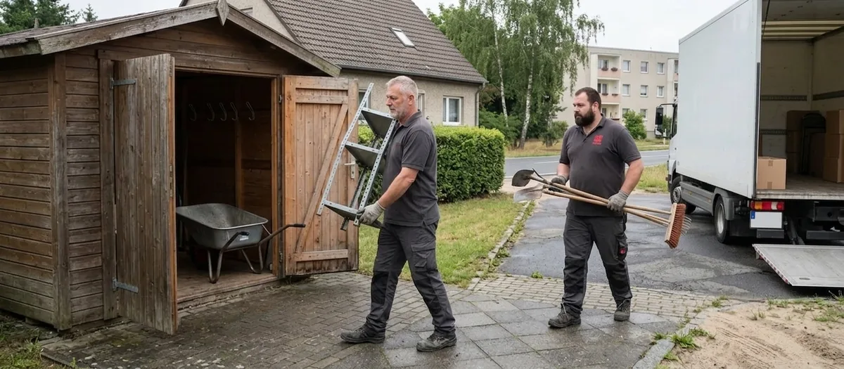 Kräfte tragen Werkstattregale und Gartengeräte aus einem offenen Schuppen über eine gepflasterte Hofeinfahrt zum Wagen