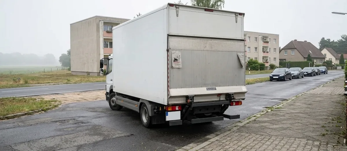 Umzugswagen mit geschlossener Plane steht am frühen Morgen abfahrbereit vor einem Wohnhaus, Kartons sind bereits verladen